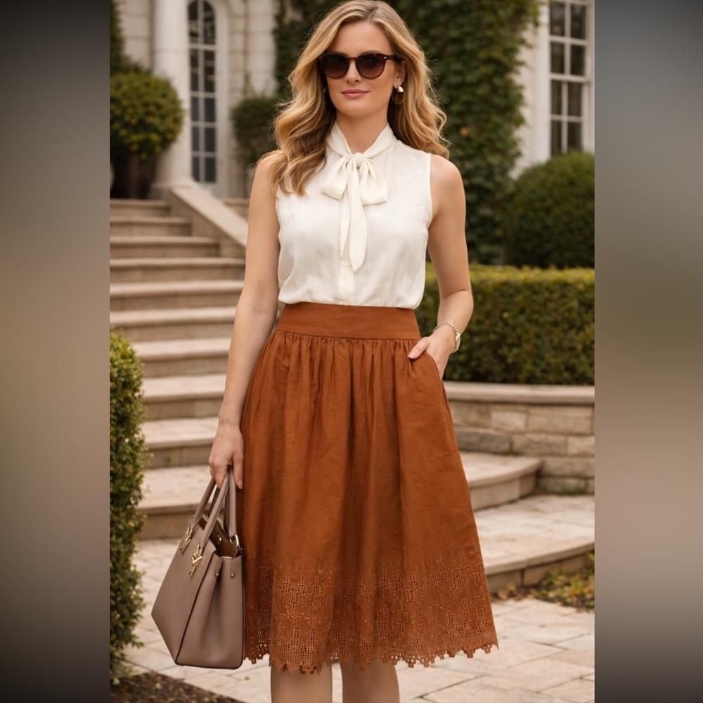 New! Bill Blass NY Rust Eyelet Hem Midi Skirt High Waist Pleated 36266 - Picture 2 of 9